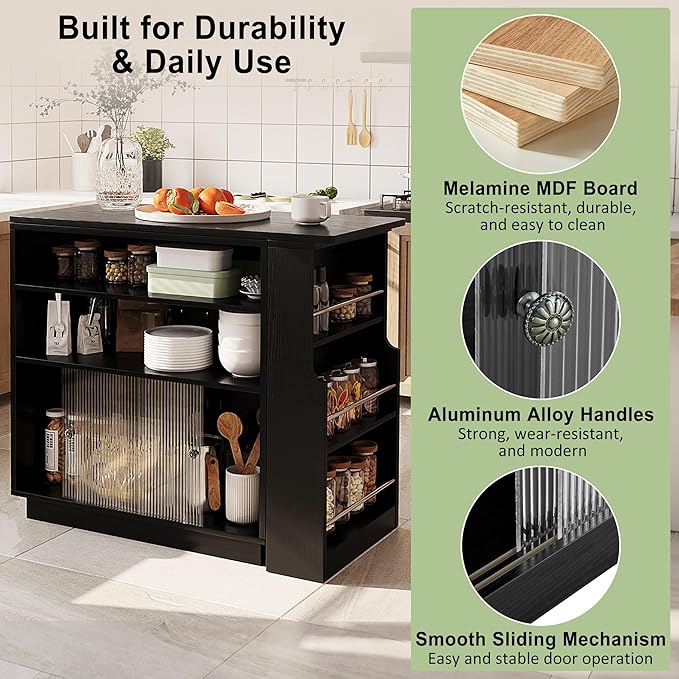 Modern Expandable Dining Table with Open Storage Shelf, Kitchen Island with Sliding Doors, Buffet Cabinet with Aluminum Alloy Handles (Black)