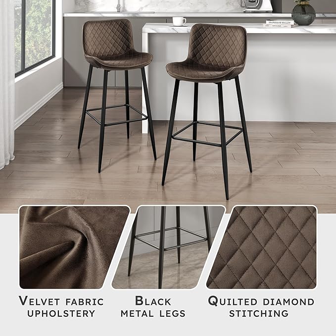 Lexicon Bar Stools Set of 2 - Bar Height Stools for Dining Room, Kitchen, Solid Padded Back, Tall, Black Metal Finish and Brown Velvet Cushion Seat, 29''SH