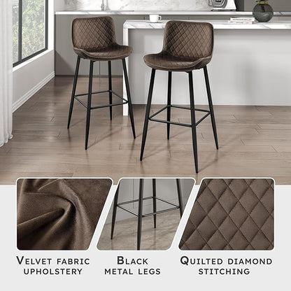 Lexicon Bar Stools Set of 2 - Bar Height Stools for Dining Room, Kitchen, Solid Padded Back, Tall, Black Metal Finish and Brown Velvet Cushion Seat, 29''SH