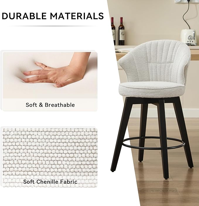 Modern Dining Chairs,Set of 2 - Sturdy Stylish,Simple Natural Design,Adjustable Counter Height Stools with Solid Wood Legs & Chenille Upholstery,Versatile Use for Kitchen Island,Home Pub,White-Chenil