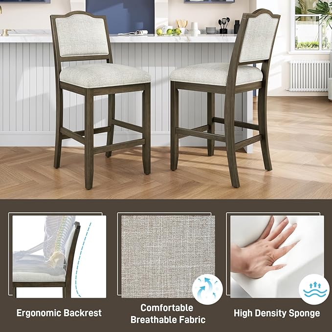 Counter Height Stools Set of 2 Rustic Pack with Rubber Wood Frame, Ergonomic Backrest, Versatile for Kitchen Island, Dining Room, Brown Backrest Room Cozy Gathering