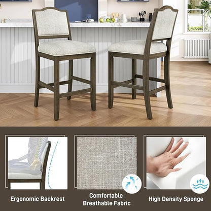 Counter Height Stools Set of 2 Rustic Pack with Rubber Wood Frame, Ergonomic Backrest, Versatile for Kitchen Island, Dining Room, Brown Backrest Room Cozy Gathering