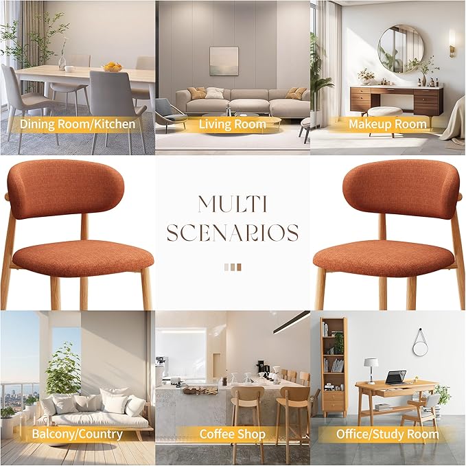 Kitchen Dining Chairs Set of 2 Modern Soft Linen Farmhouse Dining Room Chair with Metal Legs, Orange/Original