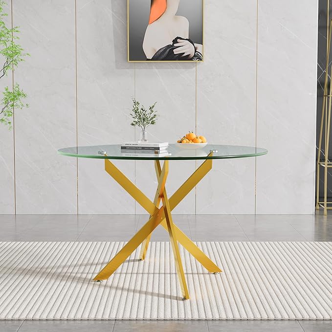 SSLine 47.25'' Round Glass Dining Table,Modern Kitchen Table for 2-6 People,Dining Room Table with Tempered Glass Top and Metal Legs,Leisure Tea Coffee Table for Living Room,Dining Room