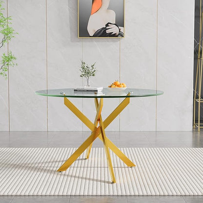 SSLine 47.25'' Round Glass Dining Table,Modern Kitchen Table for 2-6 People,Dining Room Table with Tempered Glass Top and Metal Legs,Leisure Tea Coffee Table for Living Room,Dining Room
