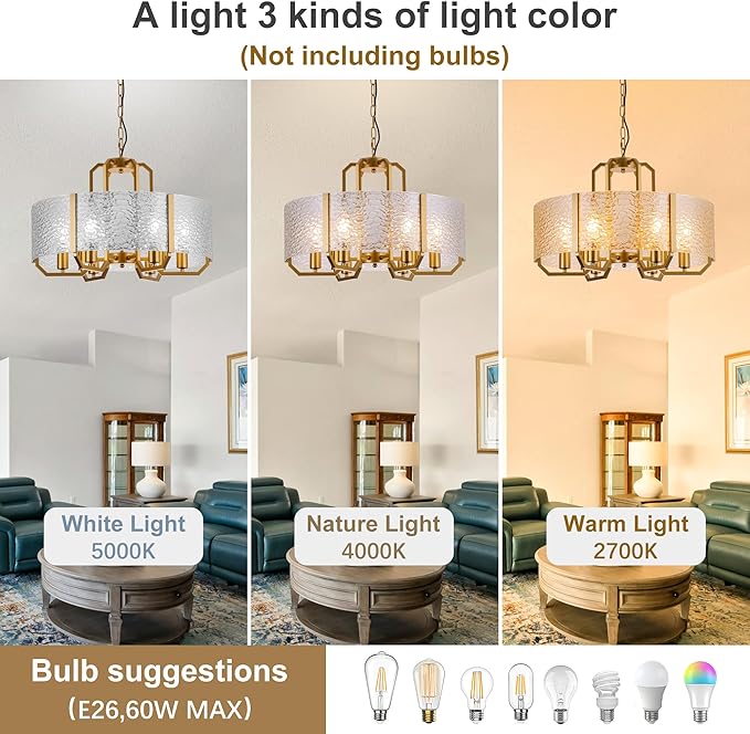 COCOSTAR Modern Glass Drum Chandeliers for Dining Room,6 Lights Farmhouse Crystal Chandelier,24" Vintage Foyer Lighting Fixtures,Gold Pendant Lights for Kitchen Island,Bedroom,Living Room