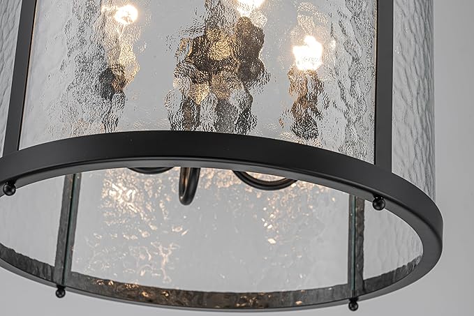 Lingkai Modern Black Chandelier, 4-Light Water Ripple Glass Light Fixture, Lantern Farmhouse Chandeliers for Dining Room, Living Room, Foyer