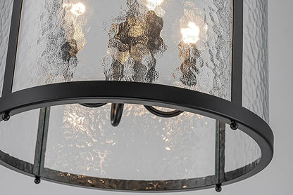 Lingkai Modern Black Chandelier, 4-Light Water Ripple Glass Light Fixture, Lantern Farmhouse Chandeliers for Dining Room, Living Room, Foyer