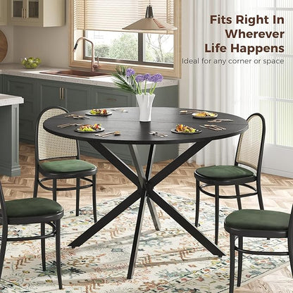 Unovivy 47 Inch Round Dining Table for 4, Space Saving Circle Dining Table with Pedestal Metal Frame, Industrail Modern Round Kitchen Table for Living & Dining Room, Black