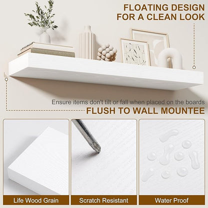 Fun Memories Floating Shelves for Wall, 24Inch Floating Shelves Set of 2, Hanging Shelf with Invisible Brackets, Wood Shelves for Living Room, Bedroom, Kitchen, White
