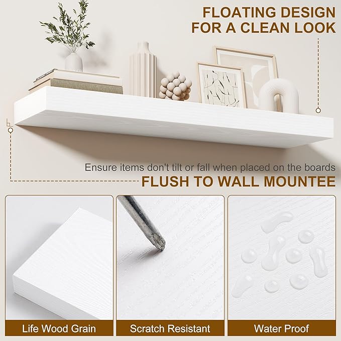 Fun Memories 55 Inch Fireplace Mantel - Long Floating Shelf, Wall Mounted Farmhouse Display with Invisible Heavy Duty Metal Bracket, White