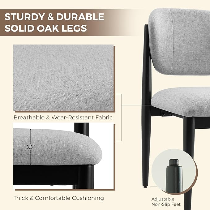 Casaphoria Dining Chairs Set of 2, Solid Black Wood Legs Upholstered Kitchen Chairs, Mid Century Modern Ergonomic Curved Back Accent Chair for Dining Room, Home Office and Vanity, Gray