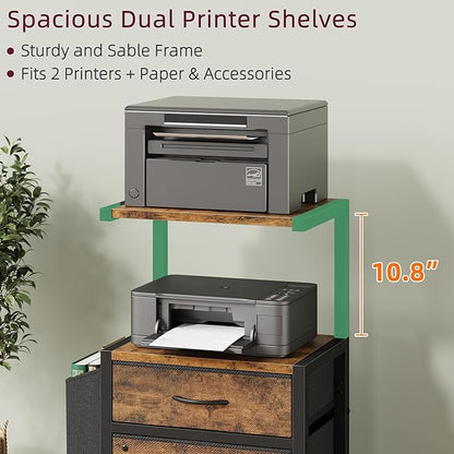 HIGDBFE Filing Cabinet with 2-Tier Printer Shelves, 2 Fabric Drawers File Cabinet with Side Bag&File Drawer for A4/Letter Size, Printer Stand with Storage for Home Office, Rustic Brown, 16.5" W