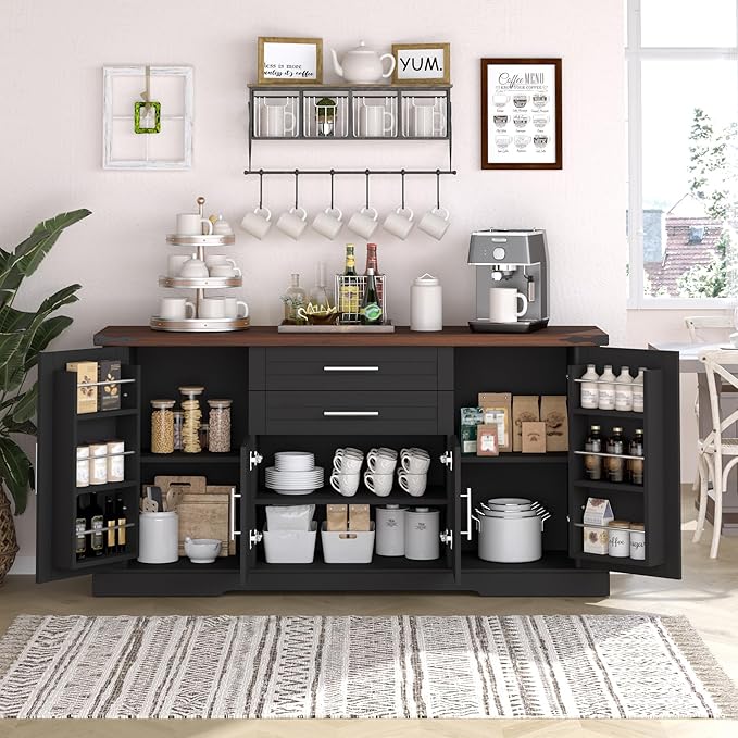 Buffet Cabinet with Storage, 63" Large Sideboard Storage Cabinet with Drawer, 4 Doors and Shelves, Modern Farmhouse Coffee Bar Table Kitchen Island Credenza for Kitchen, Dining, Living Room (Black)