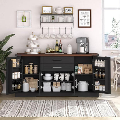 Buffet Cabinet with Storage, 63" Large Sideboard Storage Cabinet with Drawer, 4 Doors and Shelves, Modern Farmhouse Coffee Bar Table Kitchen Island Credenza for Kitchen, Dining, Living Room (Black)