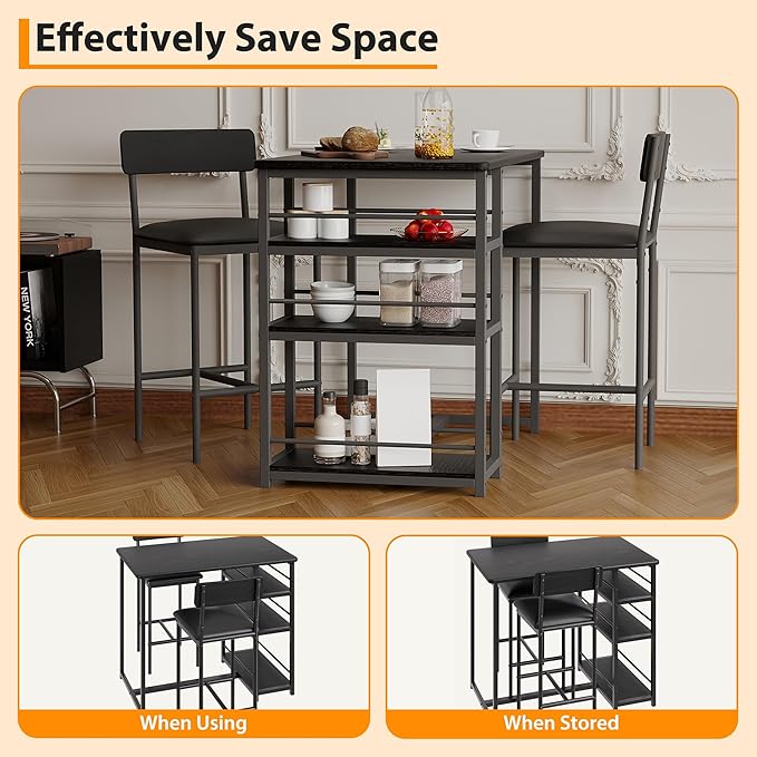 Bar Table Set for 2 with 3 Storage Shelves, Space-Saving Kitchen Table & Chairs with PU Cushions, Thick MDF Wood Top and Steel Frame for Apartment and Bistros - Black