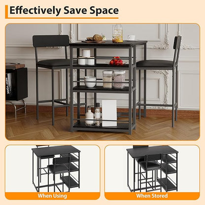 Bar Table Set for 2 with 3 Storage Shelves, Space-Saving Kitchen Table & Chairs with PU Cushions, Thick MDF Wood Top and Steel Frame for Apartment and Bistros - Black