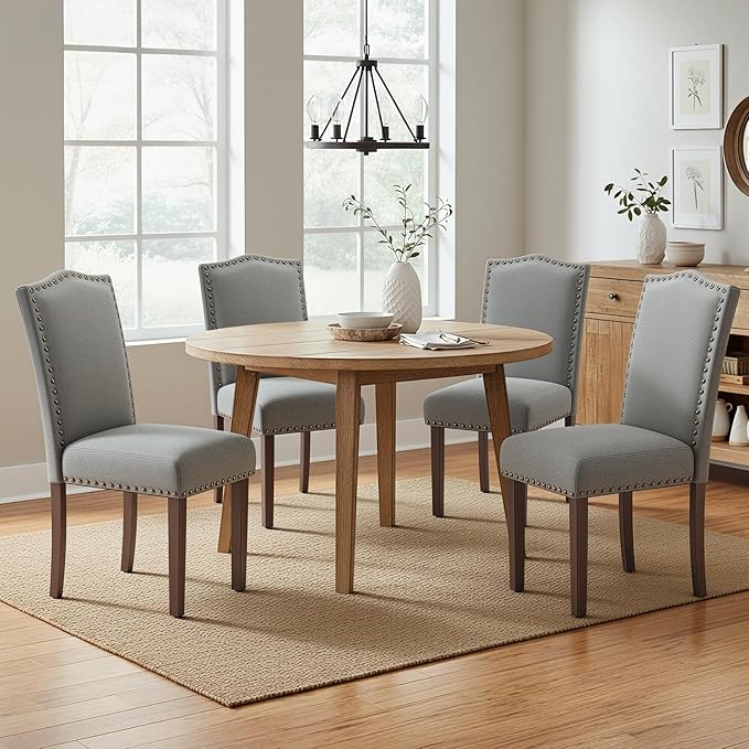 COLAMY Grey Upholstered Parsons Dining Chairs Set of 4,Comfortable Foam Seat, Classic Nailhead Trim, Solid Wood Legs, Stable & Easy to Assemble for Dining Room, Kitchen, Living Room & Café