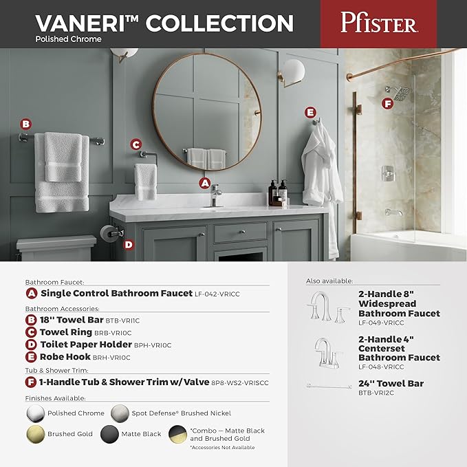Pfister Vaneri 8-Inch Widespread 2-Handle 3-Hole Bathroom Sink Faucet with Push & Seal Drain, NSF Certified Water-Efficient, Polished Chrome Finish for Vanity LF049VRICC