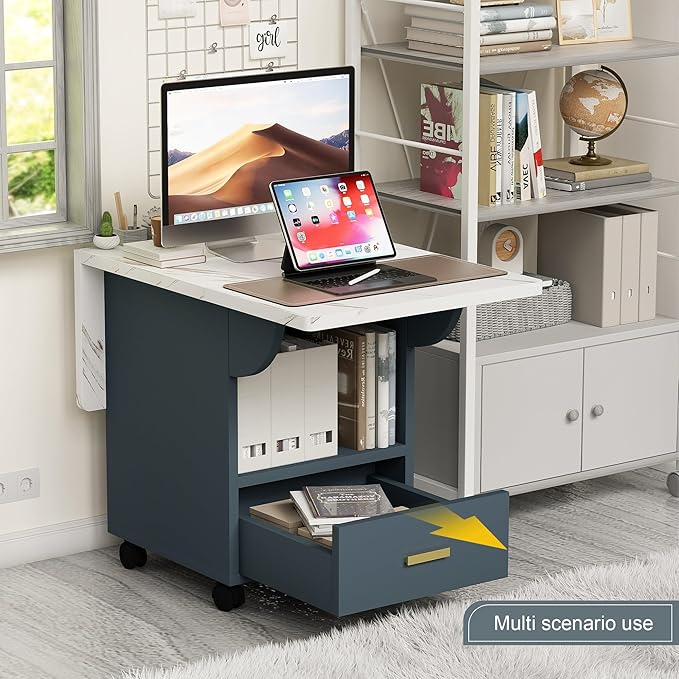 39.4" Folding Dining Table with Wheels & Storage, Extendable Wood Multi-Functional Table with Drawer and Storage Rack, Mobile Kitchen Cart, Space-Saving End Table for Small Spaces