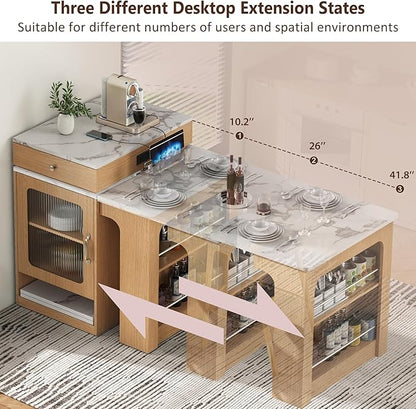 Domesto 59.5" Kitchen Island with Extendable Dining Table,Kitchen Storage Table with Double-Sided Storage, Kitchens Island with 2 Drawers, Power Outlet, Side Open Shelves (Naturl)