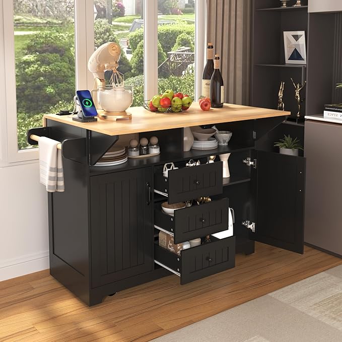 Modern Dining Table 55.7'' Large Kitchen Island with 2 Drop, Rolling Cart on 5 Wheels with Power Outlet, Folding Dining Table with Spice & Towel Rack for Kitchen Living Room,Black-MDF
