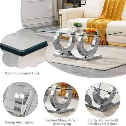 HomVent 51.18" Glass Coffee Table, Living Room Tables, Modern Silver Tempered Glass Top Side Center Tables Bedroom, Rectangle Bedside Eating Table for Home Office with Stainless Steel Base
