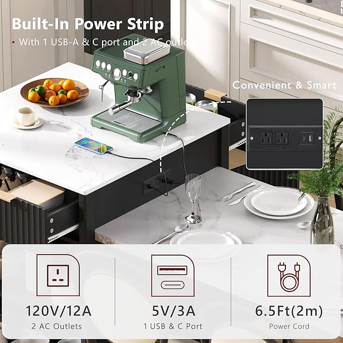 JIJIWANG 82.6" Fluted Kitchen Island with Extendable Dining Table for 4-6, Island Table for Kitchen with Power Outlet, Kitchen Table with Double-Side Storage, 2 Drawers 2 Side Open Shelves, Black