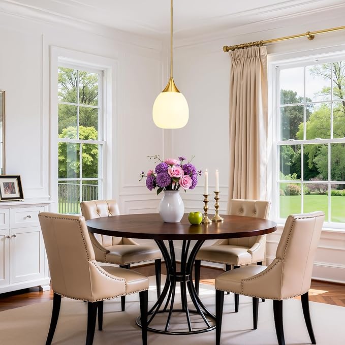 Kitchen Island Pendant Light: Mid Century Brushed Gold Hanging Light Fixtures with Milky Glass Globe - 10 Inch Farmhouse Chandeliers Ceiling Lighting for Dining Room