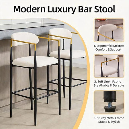 Modern Upholstered Accent Chair Set of 2 with Ergonomic Backrest,Gold Accented Armrests,Linen Fabric Seat,Black Metal Frame,Contemporary Seating for Dining Room,Kitchen Island (Beige,Bar Stool)