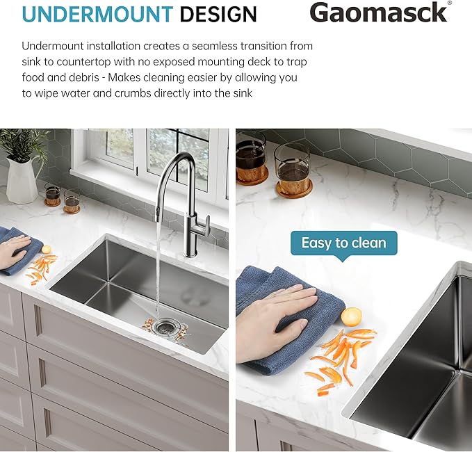 SUS304 Stainless Steel Undermount Single Bowl Kitchen Sink - 27 x 19 x 9 Inch, Handmade With Drying & Strainer, 9'' Depth