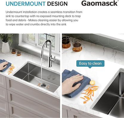 SUS304 Stainless Steel Undermount Single Bowl Kitchen Sink - 27 x 19 x 9 Inch, Handmade With Drying & Strainer, 9'' Depth