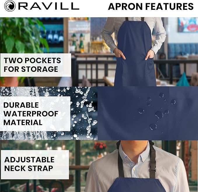 Ravill Waterproof Apron For Men and Women - 2 Pockets - 35" Long Multi Purpose Work Aprons for Dishwashing, Dog Grooming
