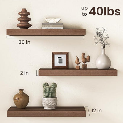 30Inch Walnut Floating Shelves for Wall, 12 Inch Deep Shelves for Bedroom, Kitchen, Bathroom Wall Mounted, Rustic Wood Floating Shelf with Invisible Brackets for Books, Storage, Decor, 2 Packs