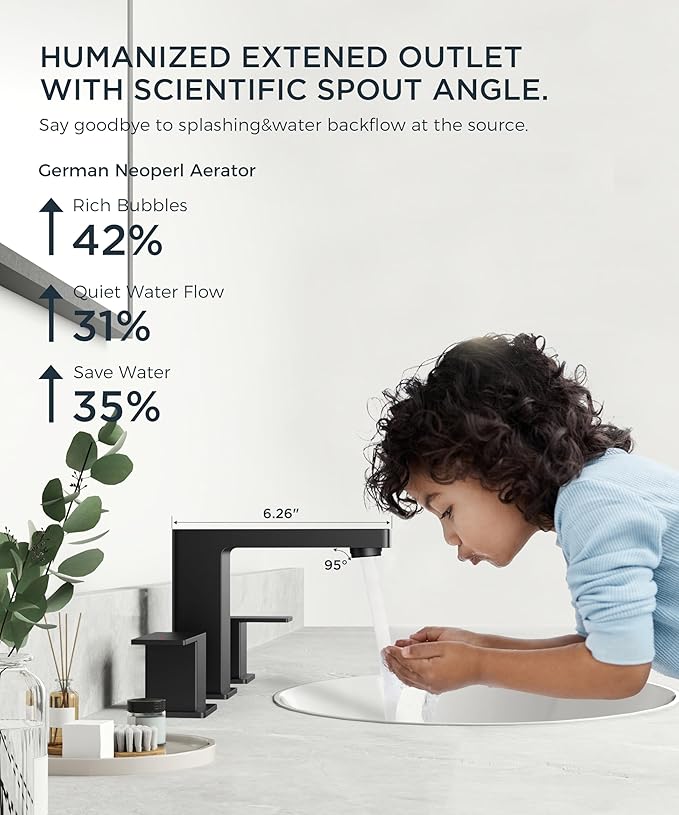 QFN Lead-Free Matte Black Bathroom Faucet 3 Hole, Square Bathroom Sink Faucet 8 Inch Widespread, 2 Handle for 4"-12" Vanity Sink with Metal Pop Up Drain and 24" cUPC Supply Hoses