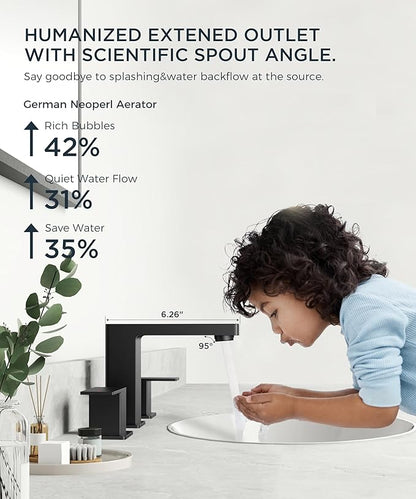QFN Lead-Free Matte Black Bathroom Faucet 3 Hole, Square Bathroom Sink Faucet 8 Inch Widespread, 2 Handle for 4"-12" Vanity Sink with Metal Pop Up Drain and 24" cUPC Supply Hoses