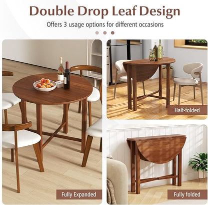 Giantex 36" Folding Dining Table for 2-4, Extendable Drop Leaf Kitchen Table with Solid Rubber Wood Frame, Space-Saving Round Dinner Table for Small Space, Living Dining Room, Dinette, Walnut