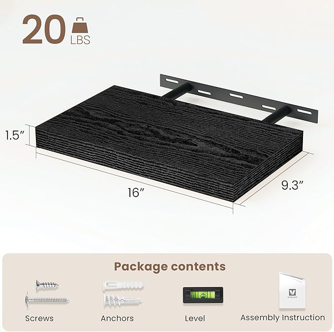 Vivelove Floating Shelves 16 Inch, Wall Shelves Over Toilet with Invisible Brackets for Bathroom Living Room Kitchen Bedroom Office Farmhouse Home Decor, 16" X 9.3" X 1.5" - Set of 2, Black