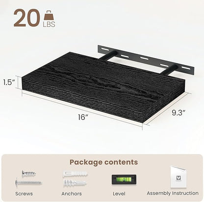 Vivelove Floating Shelves 16 Inch, Wall Shelves Over Toilet with Invisible Brackets for Bathroom Living Room Kitchen Bedroom Office Farmhouse Home Decor, 16" X 9.3" X 1.5" - Set of 2, Black