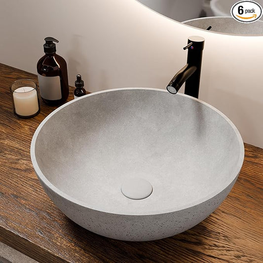 Design Vessel Sink Concrete Bathroom Sink above Counter Small Vessel Sink Bathroom Sink Bowl Countertop Modern Sinks with Faucet and Drain Combo 15.7" Round Gray