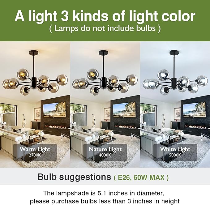 SZXYKEJI 8-Light Sputnik Chandelier Black Mid Century Glass Globe Ceiling Light Fixture Modern Bubble Chandelier for Dining Room Living Room Kitchen Bedroom Farmhouse.