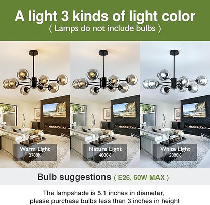 SZXYKEJI 8-Light Sputnik Chandelier Black Mid Century Glass Globe Ceiling Light Fixture Modern Bubble Chandelier for Dining Room Living Room Kitchen Bedroom Farmhouse.