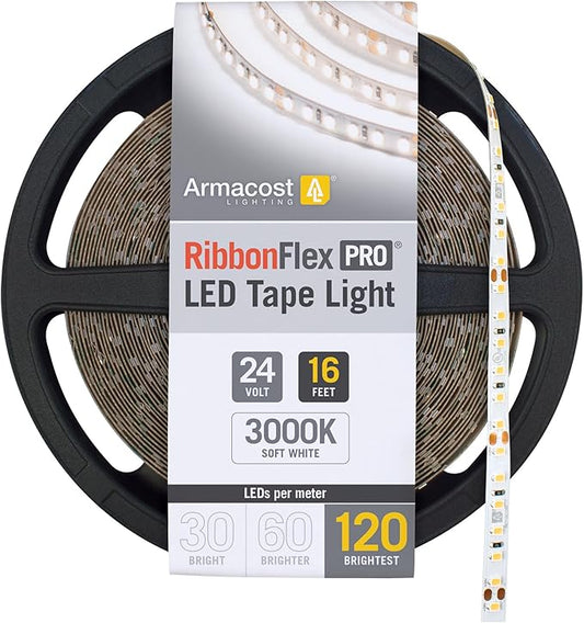 Armacost Lighting RibbonFlex Pro 24V White LED Strip Lights 120 LED/m, 3000K, 16.4 ft 146230