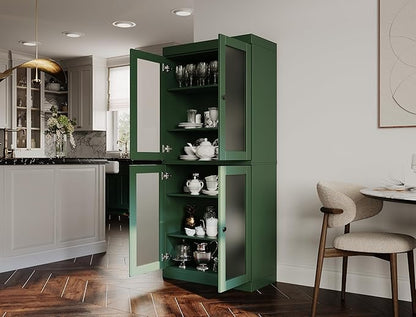 Palace Imports 100% Solid Wood Kitchen Pantry w/ 4 Frosted Glass Doors, Green, 32" w x 71.5" h, Renewable Eco-Friendly Wood, Made in Brazil