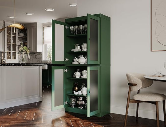 Palace Imports 100% Solid Wood Kitchen Pantry w/ 4 Frosted Glass Doors, Green, 32" w x 71.5" h, Renewable Eco-Friendly Wood, Made in Brazil