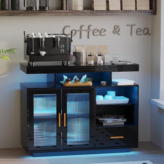 40" Wood LED Coffee Bar with Wireless Charging Station, Kitchen Storage Coffee Bar Cabinet with 2 Doors and 2 Shelves, RGB Modern Side Board Storage Cabinet for Kitchen(Black)