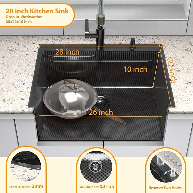 28inch Black Kitchen Sink Drop In - Feibus 28x22x10 with Double Step Workstation Sink 16 Gauge Honeycomb Embossment Stainless Steel Single Bowl