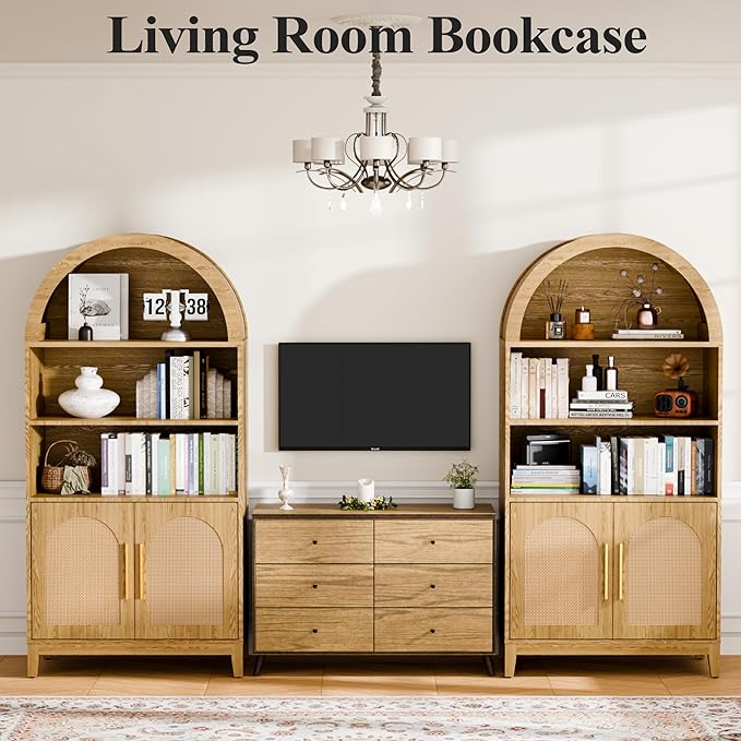 63" Tall Arched Pantry Cabinet with Doors, 5-Tier Arched Bookcase with Adjustable Shelves, Wood Storage Cabinet for Kitchen, Living Room, Office, Natural Oak
