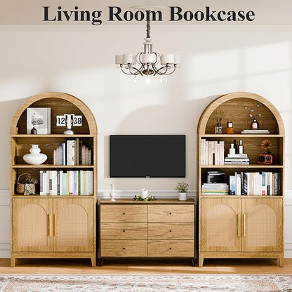 63" Tall Arched Pantry Cabinet with Doors, 5-Tier Arched Bookcase with Adjustable Shelves, Wood Storage Cabinet for Kitchen, Living Room, Office, Natural Oak