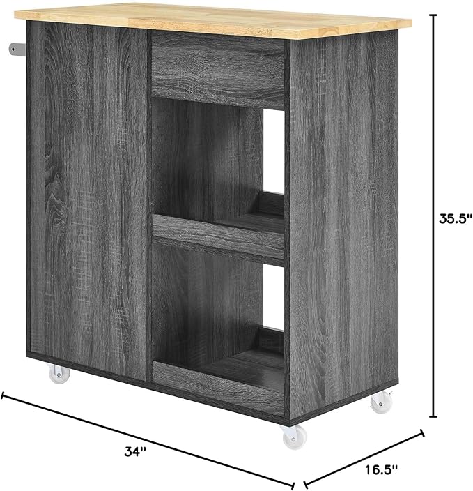 Modway Culinary Rolling Kitchen Cart with Storage in Charcoal Natural - 3 Tiers Kitchen Island on Wheels with Towel Bar, Functional as a Coffee Station, Bar Cabinet or Butcher Block Island